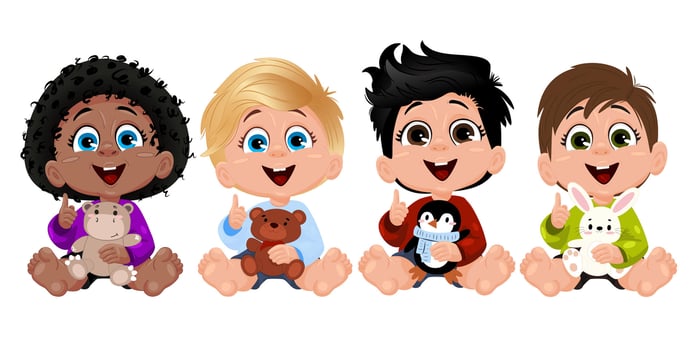 Four children with diverse hairstyles sit closely together, each holding their favorite stuffed toys. They smile brightly, expressing happiness and friendship during playtime. vector