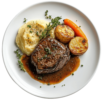 Steak with Mashed Potatoes, Roasted Vegetables, and Herb Garnish on White Plate png
