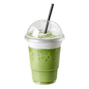 Refreshing Matcha Latte, a creamy dreamy delight in a clear plastic cup with a black straw, perfect for a summer day. png