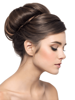 Close-up portrait showing a young woman's French twist hairstyle, isolated on a transparent background png