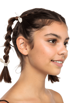 Close-up portrait showing a young woman s Pigtails with white bowhairstyle, isolated on a transparent background png