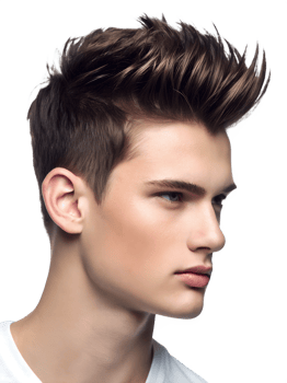 Close-up portrait showing a young man's Faux Hawk Hairstyle, isolated on a transparent background png