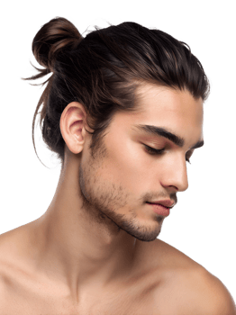 Close-up portrait showing a young man's Man Bun Hairstyle, isolated on a transparent background png