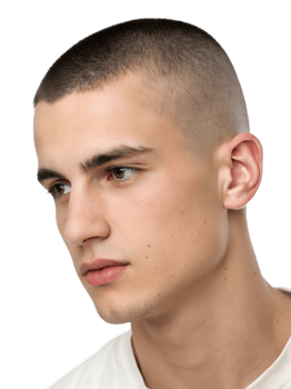 Close-up portrait showing a young man's Crew cut hairstyle WITH WHITE SHIRT, isolated on a transparent background png