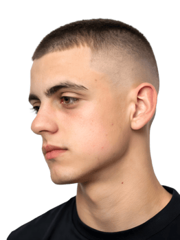 Close-up portrait showing a young man's Crew cut hairstyle, isolated on a transparent background png