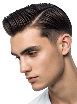 Close-up portrait showing a young man's Comb Over Hairstyle, isolated on a transparent background png