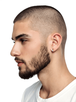 Close-up portrait showing a young man's Crew cut with Beard hairstyle, isolated on a transparent background png