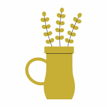 Green vase with sprig of houseplant on white background. Illustration of ceramics. element of interior of house. vector