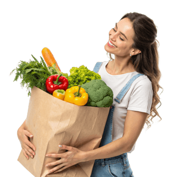 Joyful woman grocery shopping urban market lifestyle photography bright day close-up fresh produce experience png
