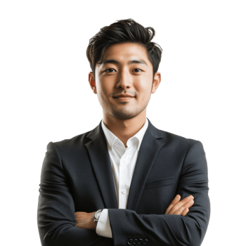 Confident Asian businessman in black suit with folded arms png