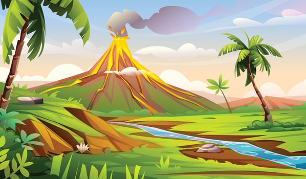 Volcano eruption with lava, smoke, and valley river under sunset sky. Cartoon landscape illustration vector