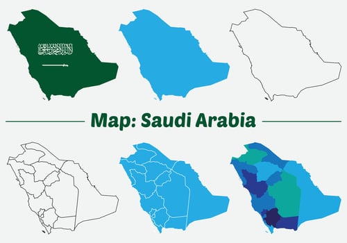 Maps of Saudi Arabia Flag, Outline, and Regional Divisions, Saudi Arabia country map set. internal provinces borders marked, Simple map of Saudi Arabia drawing. vector