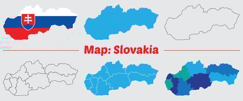 Maps of Slovakia Flag, Outline, and Regional Divisions, Slovakia country map set. internal provinces borders marked, Simple map of Slovakia drawing. vector