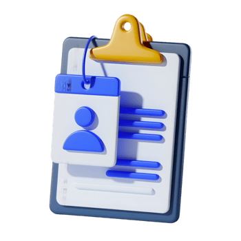 3D rendering of a stylized clipboard with a digital employee ID badge and form. png