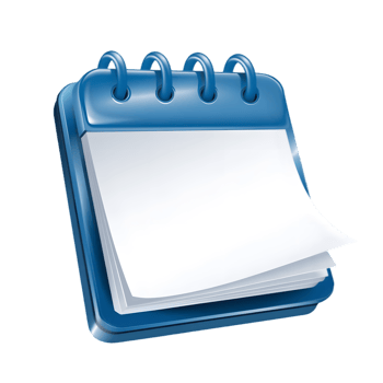 A 3D rendering of a blank, blue, spiral-bound calendar icon. png