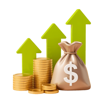 Growing Finances Money Bag, Coins, and Upward Trend png