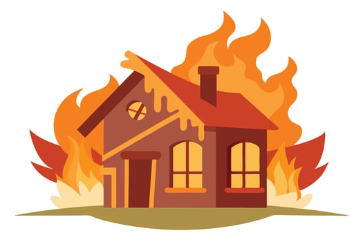 Cartoon House Engulfed in Orange Flames, Flat Design on White Background vector