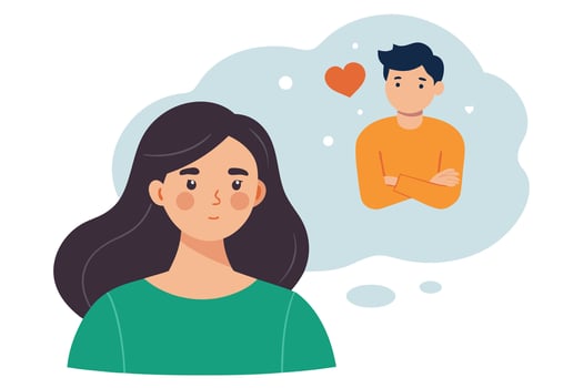 Dreamy Brunette Woman Imagining Man with Love Heart in Thought Bubble vector