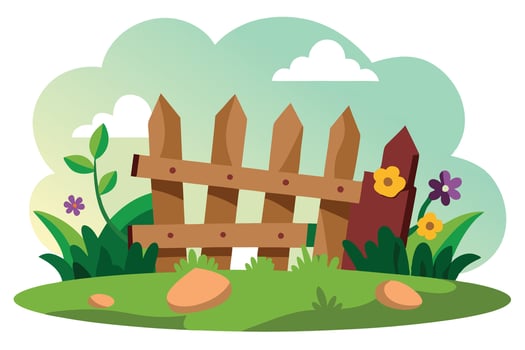 Cartoon Fence with Flowers and Grass in Garden Landscape vector