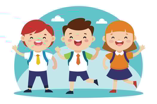 Cheerful Cartoon School Kids with Backpacks Waving Hands in Playful Pose, Happy Friends vector