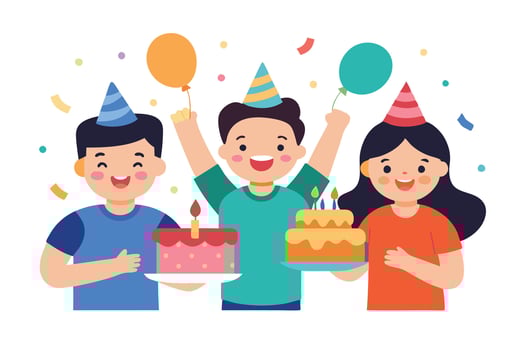 Joyful Party Cheerful Kids with Birthday Cakes, Balloons, and Confetti on White Background vector