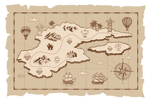Vintage treasure map illustration with a compass, ships, and an island vector