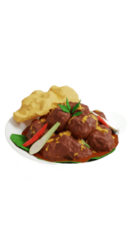 Brown Meatballs in Yellow Curry Sauce on a White Plate png