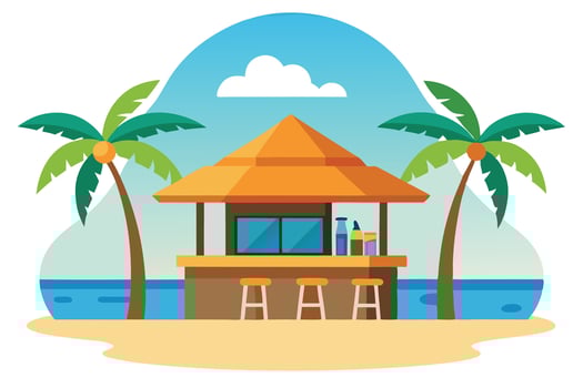 Tropical Beach with Palm Trees Hut Bar Stools Sea Sky Cloud Isolated vector