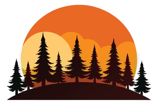 Dark Evergreen Forest Silhouette Against a Setting Orange Gradient Sunrise vector