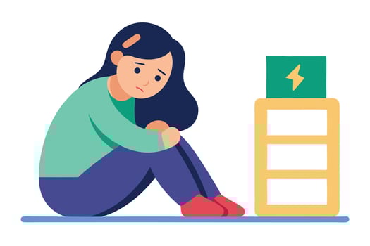 Upset Woman Sitting by Battery Symbol Feeling Exhausted in Flat Style vector