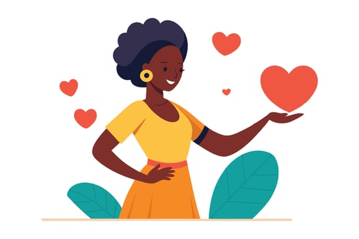 Smiling African Woman Holds Heart, Love Symbol, Flat Cartoon Style on White Background vector