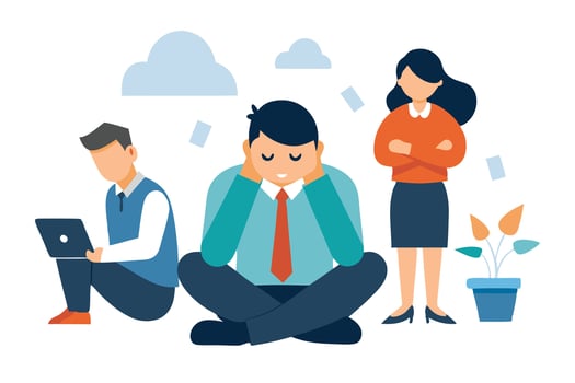Overwhelmed Man Sitting CrossLegged With Colleagues in Flat vector