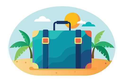 Retro Blue Suitcase with Palm Trees and Sun on Beach Flat vector