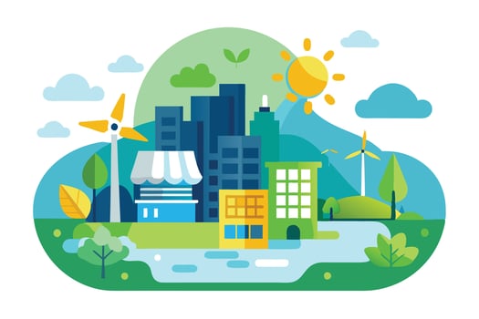 Flat Cityscape with Wind Turbines, Buildings, River, Clouds, and Sun on White vector