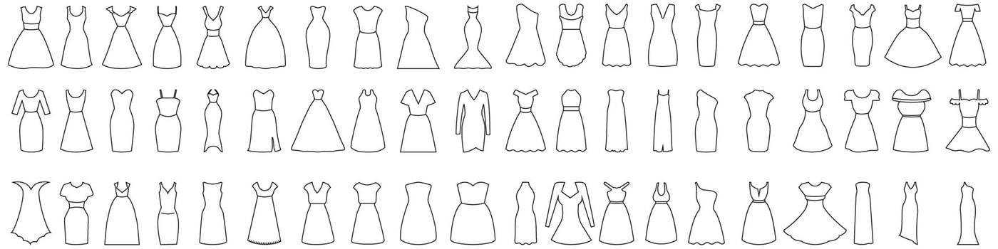 Wedding dress line icons set. Outline illustration of wedding dress icons for web design vector