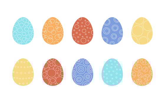 Decorated lines color Easter eggs set. Egg in flat hand drawn style. Festive traditional religion decorated eggs illustration vector