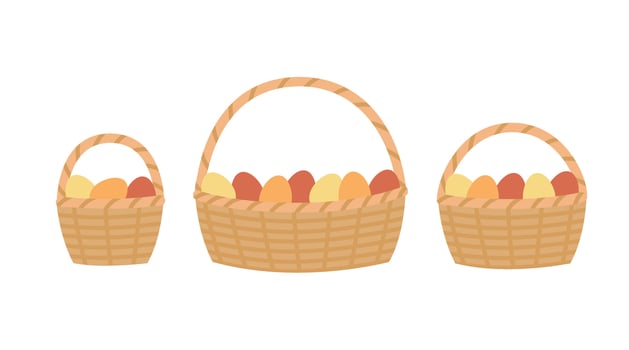 Easter color eggs in basket set. Easter holiday. Cartoon flat illustration vector