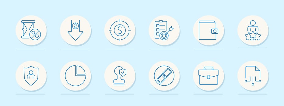 Finance strategy set icon. Hourglass, percent, downward arrow, target, checklist, wallet, user, shield, pie, award, link, briefcase, network vector