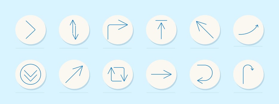 Directional arrows set icon. Right, vertical, corner, up, diagonal, curve, circle, down, square, forward, rotate, return, navigation vector