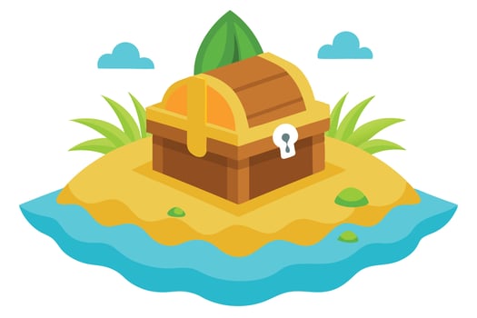 Cartoon Treasure Chest on Island with Clouds and Grass vector