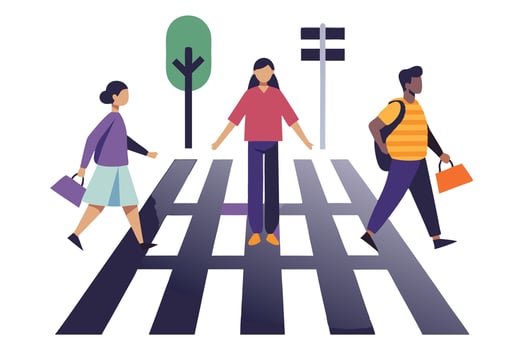 Pedestrians at Zebra Crossing, Stylized People Walking on Crosswalk with Bags, Art vector