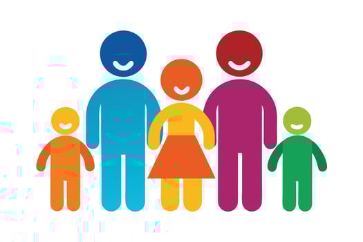 Colorful Family Icon Group with Two Parents and Three Kids on White Background vector