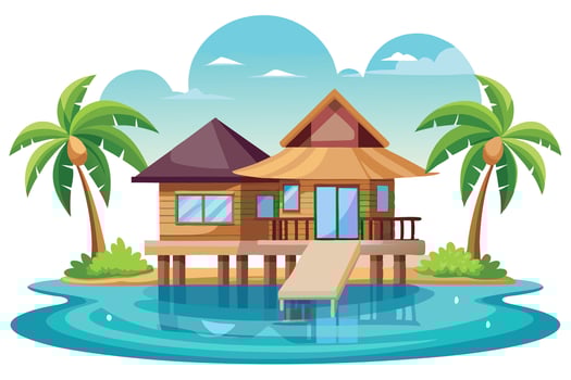 Tropical Beach House On Stilts with Palm Trees and Aqua Water vector