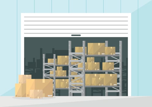 Warehouse with shelves and boxes. Storage, cargo transportation. Logistics company. vector
