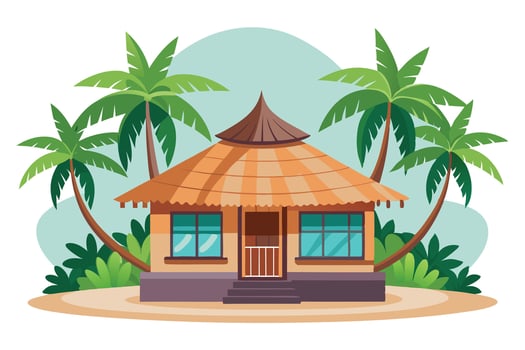 Tropical Beach House with Palm Trees, Green Leaves on the Beach, and Soft Blue Sky vector