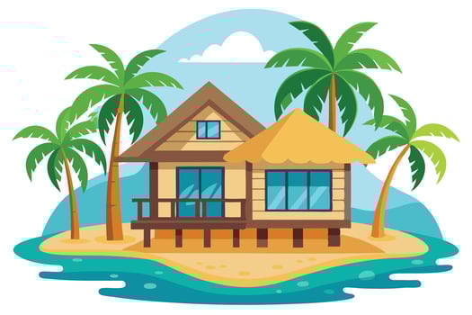 Beach Hut On A Small Island, Sand, Turquoise Water, Palm Trees, and Blue Sky View vector