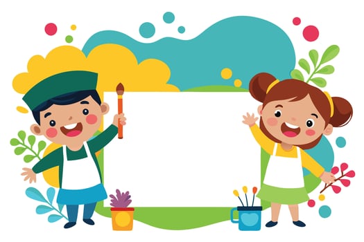 Happy Cartoon Kids with Brush, Girl Holding Branch, Colorful Floral Art vector