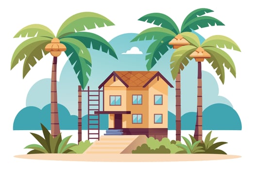 Tropical Coastal House, Two Story Home, Beachfront, Ladders, Palm Trees, Island View vector