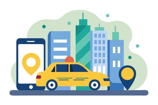 Flat Yellow Taxi Cab with Smartphone and Map Pins against Abstract Cityscape vector