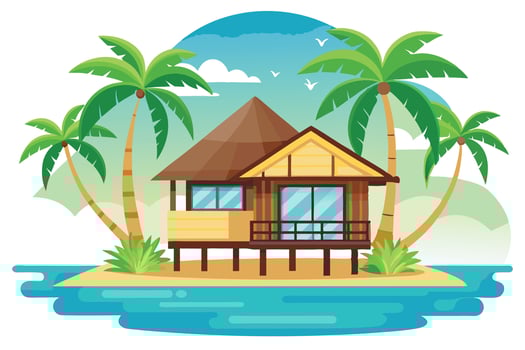 Tropical Island Bungalow with Palm Trees and Sea in Style Cartoon Style vector
